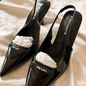 Prada Black Patent Pointed Slingback Heels